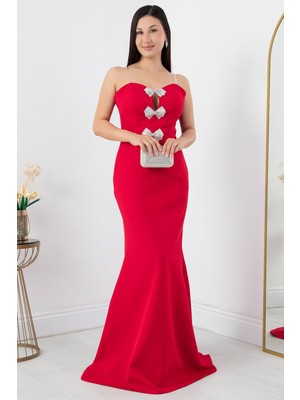 Straplez Yaka Kelebek Taşlı Detay Abiye Elbise ECR5372