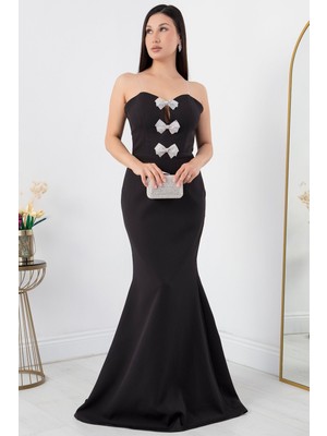 Straplez Yaka Kelebek Taşlı Detay Abiye Elbise ECR5372