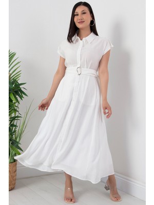 Boydan Düğmeli Kemerli Elbise NY4306