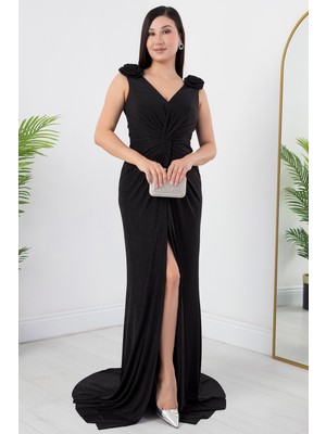 Omuz Gül Detay Simli Elbise ECR5365