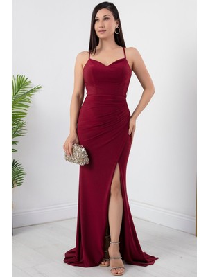 V Yaka Sırtı Ip Bağlamalı Abiye Elbise ECR5289