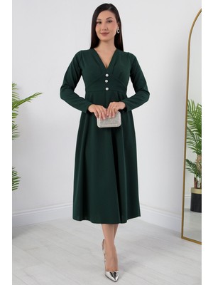 V Yaka Önden Düğmeli Kloş Elbise 2024-2159