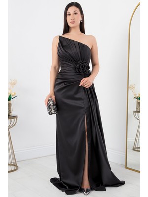 Gül Detay Straplez Saten Elbise ECR5334
