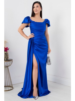 Kare Yaka Yırtmaçlı Saten Elbise SB6053