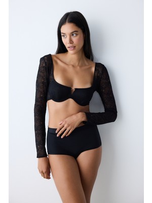 Penti Lace Dantel Uzun Kollu Siyah Büstiyer