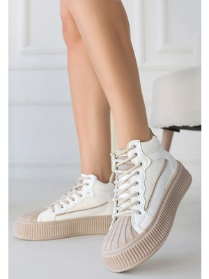 Kazax Estim Beyaz Cilt Vizon Detaylı Bağcıklı Spor Ayakkabı