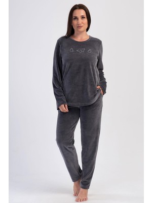Kadın Büyük Beden Kadife Uzun Kol Füme Pijama Takım C8T8N0O304