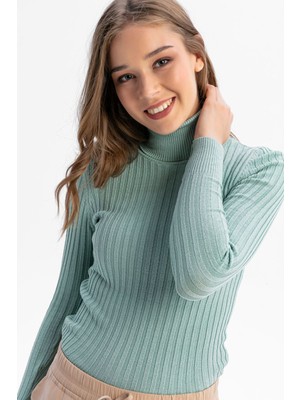Tiffany & Tomato Uzun Kollu Fitilli Tam Balıkçı Yaka Triko Kazak-Mint