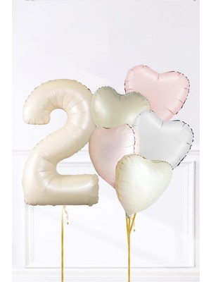 Pekshop Saten Pembe Beyaz Retro Krem Renkler Kalp ve Yaş Rakamlı Doğum Günü Balon Seti