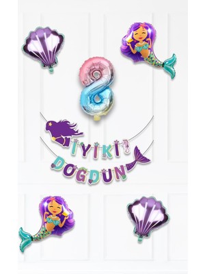 Pekshop Deniz Kızı Tema Doğum Günü Balon Seti Istiridye Deniz Kızı ve Rakam Balonlu Balon Zinciri Seti