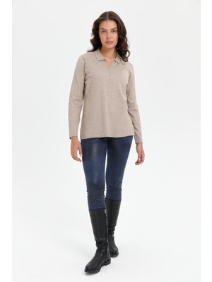 Desen Triko Kadın Polo Yaka Yanı Yırtmaçlı Kazak Vizon