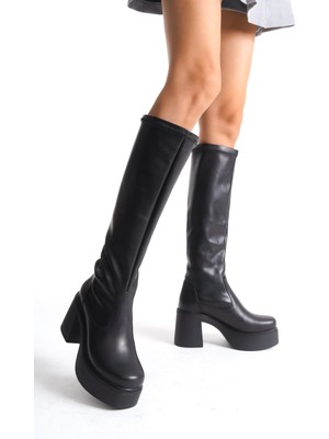 Mubiano Collection Mubiano Hakiki Deri Collection Kadın Kısa Topuklu Platform Taban Streç Çizme Siyah - MCZFR4444 - S