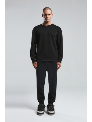 Benmanaj Erkek Bisiklet Yaka Uzun Kol Basıc Sweatshirt Siyah