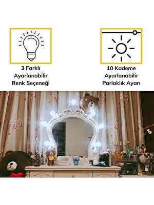 Alpotekno® Nostalji Hollywood Tarzı 10LU Makyaj Masası Aynası Beyaz LED Işıklı Lamba USB