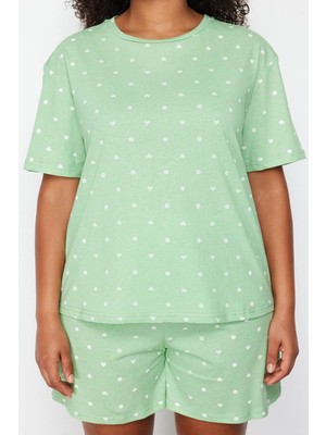 FRM Büyük Beden Kadın Pamuklu Bisiklet Yaka Kısa Kol Kalp Desenli Örme Pijama Takımı
