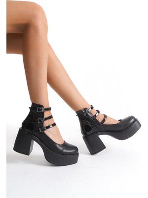 Bia Siyah Üç Bantlı Yüksek Kalın Platform Topuklu Hafif Günlük Ayakkabı
