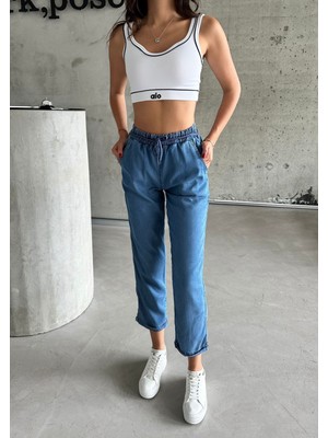 Kadın Ince Kot Kumaş Beli Lastik Bağlamalı Yüksek Bel Geniş Kesim Cepli Yazlık Pantolon
