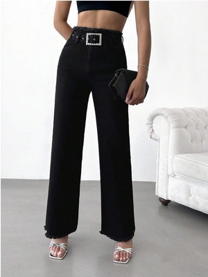 Swet Shop Jeans Kadın Yüksek Bel Kemerli Bel Püskül Paça Püsküllü Siyah Likralı Palazzo Jean