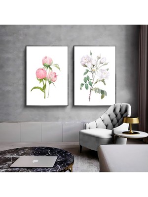 Harikabirev Harikabirev|Yeşil-Beyaz-Pembe Çiçek Kombini 02 |Çerçeveli Cam Tablo  2li Dikey
