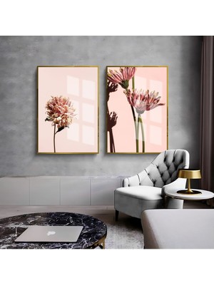 Harikabirev Harikabirev|Pembe Çiçek Kombini 002 |Çerçeveli Cam Tablo  2li Dikey