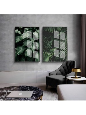 Harikabirev Harikabirev|Yeşil Yaprak Dalları Kombini 01 |Çerçeveli Cam Tablo  2li Dikey