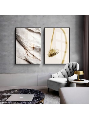Harikabirev Harikabirev|Beyaz-Sarı Marble & Çiçeki Soyut Kombini |Çerçeveli Cam Tablo  2li Dikey
