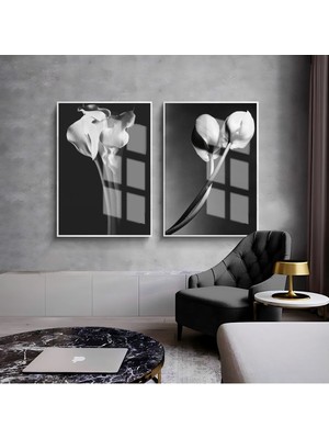Harikabirev Harikabirev|Siyah-Beyaz Çiçek Ombini 03 |Çerçeveli Cam Tablo  2li Dikey