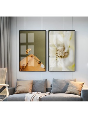 Harikabirev Harikabirev|Sarı-Beyaz Çiçek Kombini 1 |Çerçeveli Cam Tablo  2li Dikey