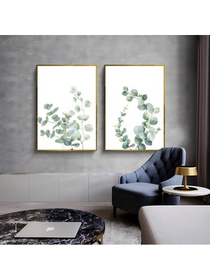 Harikabirev Beyaz-Yeşil Yaprak Dalları Kombini 01 |Çerçeveli Cam Tablo  2li Dikey