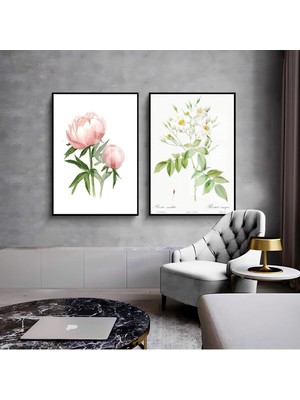 Harikabirev Yeşil-Beyaz-Pembe Çiçek Kombini 03 |Çerçeveli Cam Tablo  2li Dikey