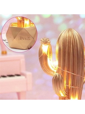 Alpotekno® LED Işıklı Sevimli Kaktüs Dekoratif Masa Lambası Mini Biblo Gece Lambası-Gold