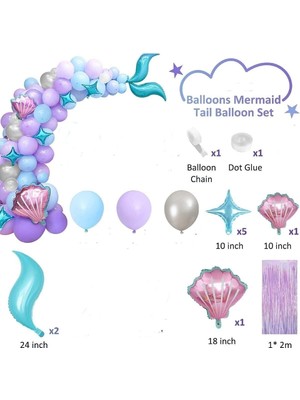 Parti Hediye Sepeti Deniz Kızı Balon Mavi Mor Balonlar Folyo Saçak Perde Seti Doğum Günü Parti Süsü