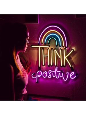 Think Positive Neon Duvar Dekoru (Tabela) - Metal Üzerine Neon Duvar Süsü ve LED Işık | 49 cm x 56,5 cm