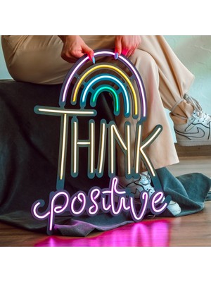 Think Positive Neon Duvar Dekoru (Tabela) - Metal Üzerine Neon Duvar Süsü ve LED Işık | 49 cm x 56,5 cm