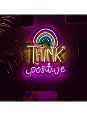 Think Positive Neon Duvar Dekoru (Tabela) - Metal Üzerine Neon Duvar Süsü ve LED Işık | 49 cm x 56,5 cm