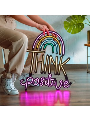 Think Positive Neon Duvar Dekoru (Tabela) - Metal Üzerine Neon Duvar Süsü ve LED Işık | 49 cm x 56,5 cm