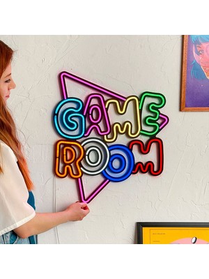 Neon Game Room Duvar Dekoru - Metal Üzerine Renkli LED Işık ile Oyun Odası Aydınlatması | 48 cm x 52 cm