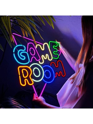 Neon Game Room Duvar Dekoru - Metal Üzerine Renkli LED Işık ile Oyun Odası Aydınlatması | 48 cm x 52 cm