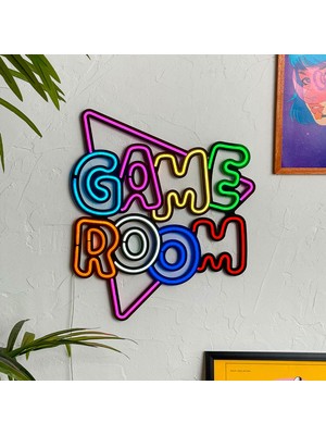 Neon Game Room Duvar Dekoru - Metal Üzerine Renkli LED Işık ile Oyun Odası Aydınlatması | 48 cm x 52 cm