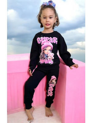 Lolli Boom Kids Kız Çocuk Oyuncak Bebek Fuşya Pembe Siyah Baskılı Sweatshirt Eşofman Alt Üst Takım