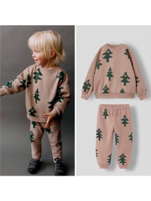 Lolli Boom Kids Yeni Sezon 3 Iplik Mini Figür Çam Ağacı Desen Mini Figürlü Sweatshirt Eşofman Alt Üst Takım 2 Parça