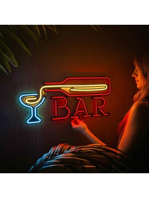 Bar Neon Duvar Tabelası | Modern ve Şık Metal Üzerine Neon Duvar Süsü | 58.5 cm x 26.6 cm