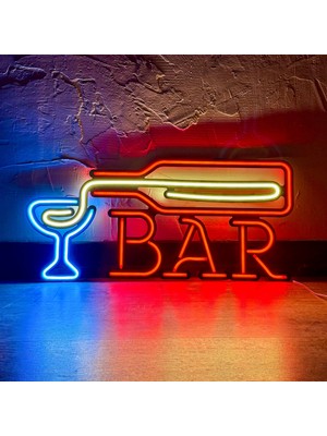 Bar Neon Duvar Tabelası | Modern ve Şık Metal Üzerine Neon Duvar Süsü | 58.5 cm x 26.6 cm