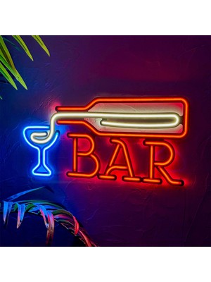 Bar Neon Duvar Tabelası | Modern ve Şık Metal Üzerine Neon Duvar Süsü | 58.5 cm x 26.6 cm