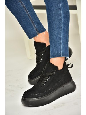 Fox Shoes T811845302 Siyah Süet Kalın Tabanlı Kadın Ayakkabı