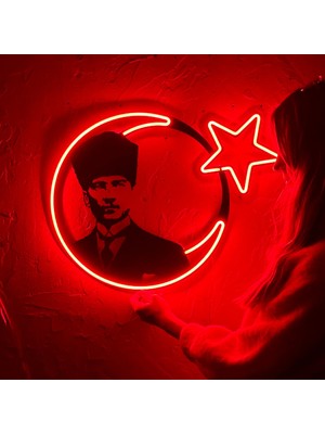 Atatürk Işıklı Neon Tablo | Modern Neon Led, Metal Üzerine Neon Duvar Tabelası (Süsü) | 48 cm x 50.7 cm