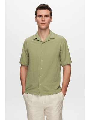 Relaxed Yeşil Gofre Kısa Kollu Kırışmaz Gömlek 0HC02ORT01313
