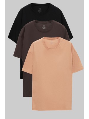Ds Damat Comfort Siyah/Kahverengi/Bej 3'Lü Bol Kesim %100 Pamuk T-Shirt 6HC14ORTBN036