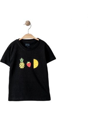 Babexi Kız Çocuk Mini Ananas Çilek Limon Baskılı Siyah Tshirt