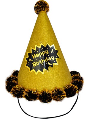 Happy Birthday Simli Ponponlu Gold Şapka 20X13 cm